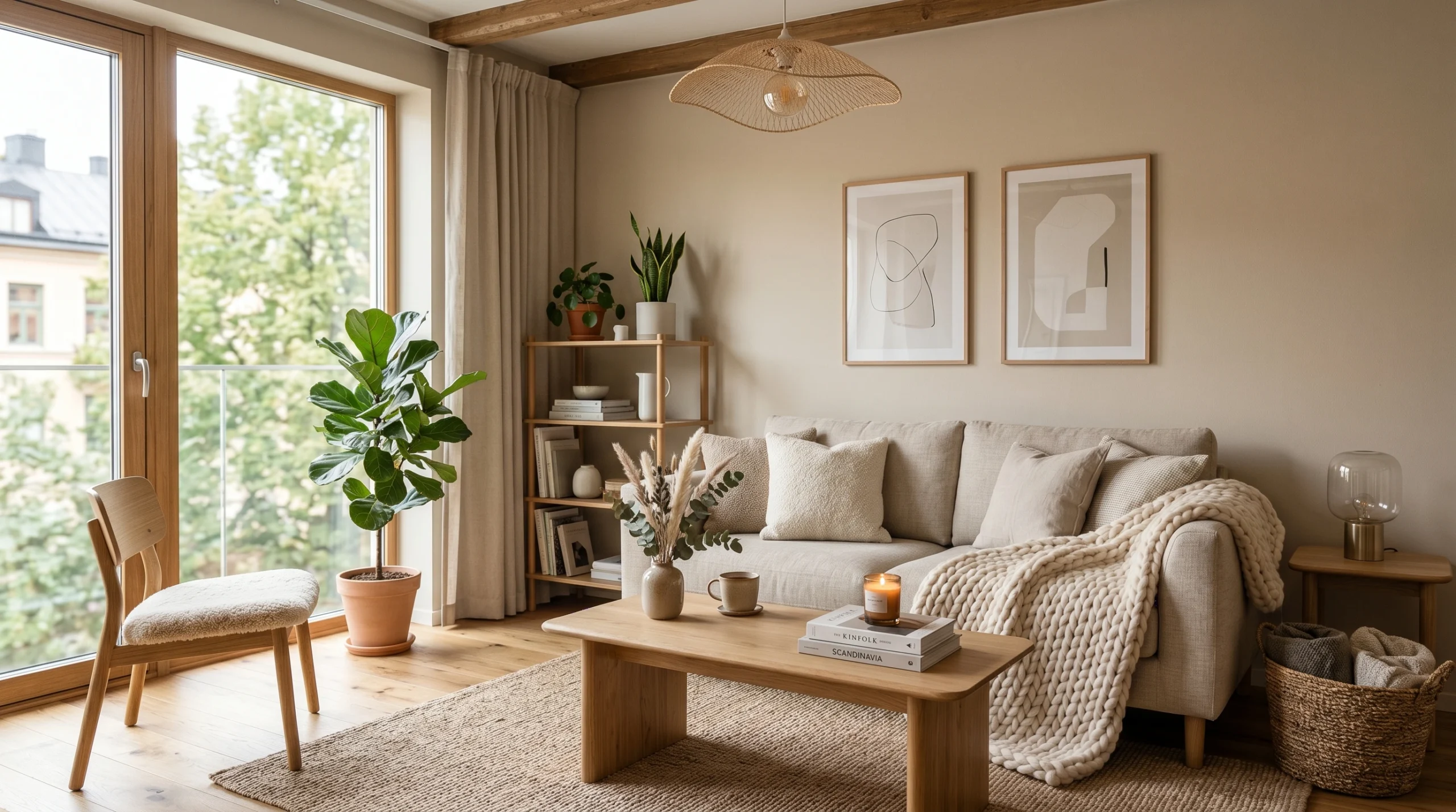 Small Scandinavian living room with cream sofa, oak wood furniture, large window, indoor plants, and soft neutral decor