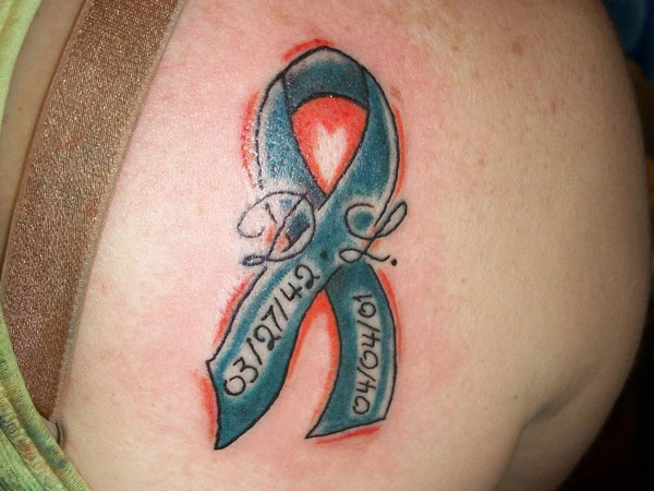 Memorial Cancer Ribbon Tattoo on Shoulder.