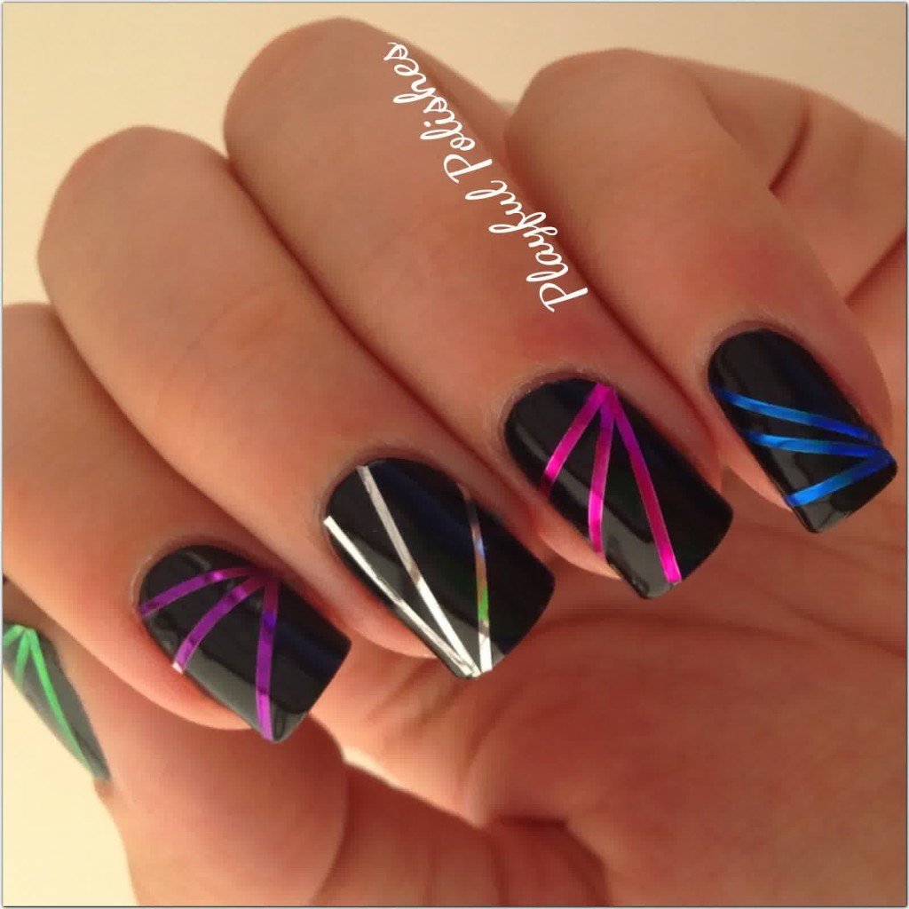 Black Striped Nail Design with Purple. Blue, Silver Tape