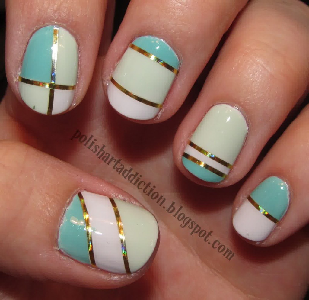 Blue Striped Nail Design with Tape