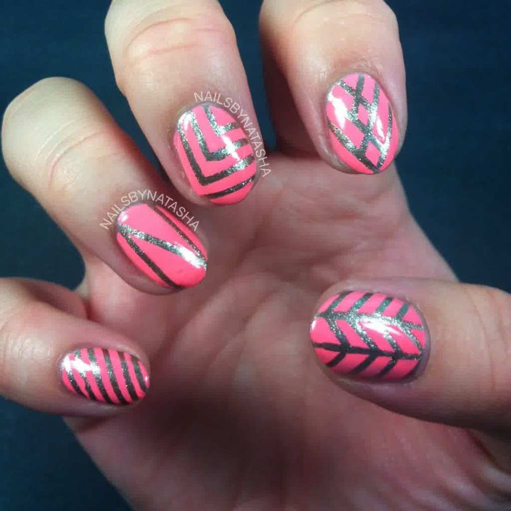 Pink Striped Nail Design with Tape
