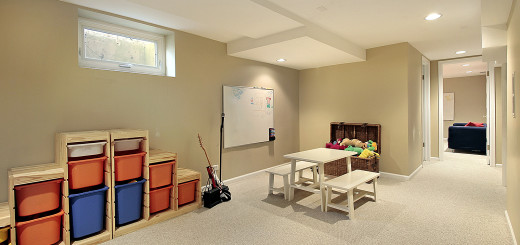 Basement Finishing Ideas with Shelves and White Table