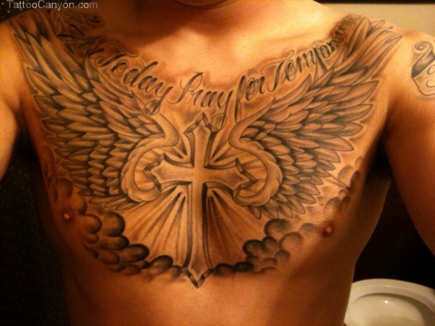 Cross Tattoos with Angel Wings on Chest For Men.