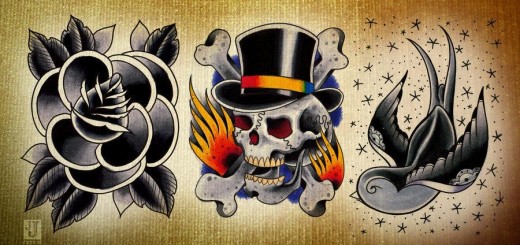 Old School Tattoos Designs of Skull, Birds and Black Rose