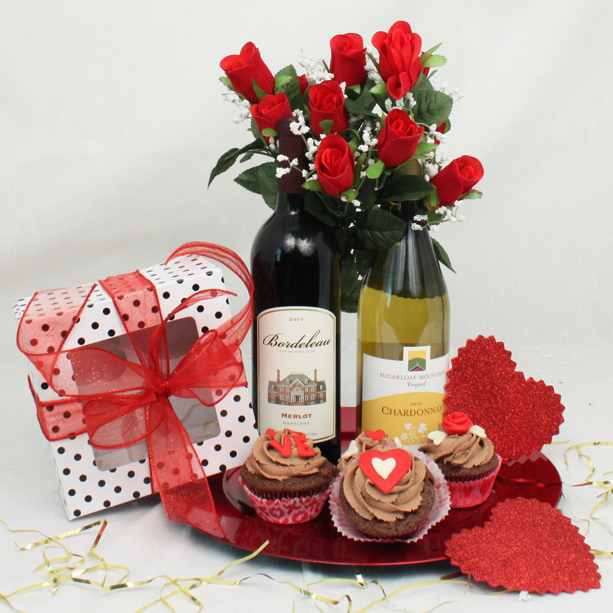 Valentine Gift Baskets with Wine and Cupcakes