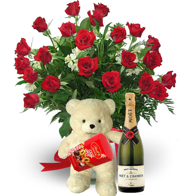 Valentine's Day Roses Arrangements Ideas with Doll and Wine