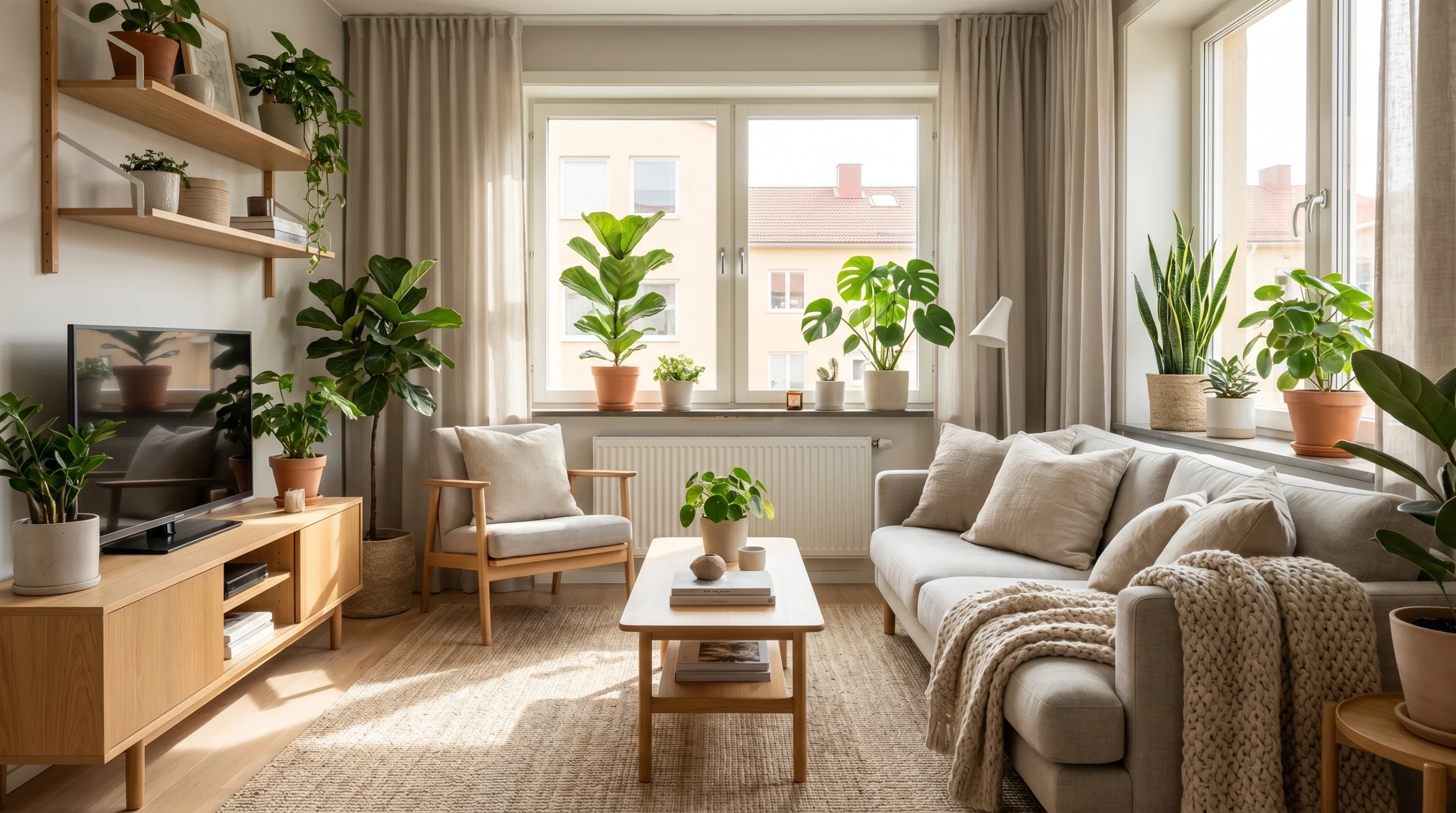 Scandinavian Living Room With Indoor Plants Scandinavian living room decorated with indoor plants, neutral furniture, natural wood accents, and large windows that bring in abundant natural light
