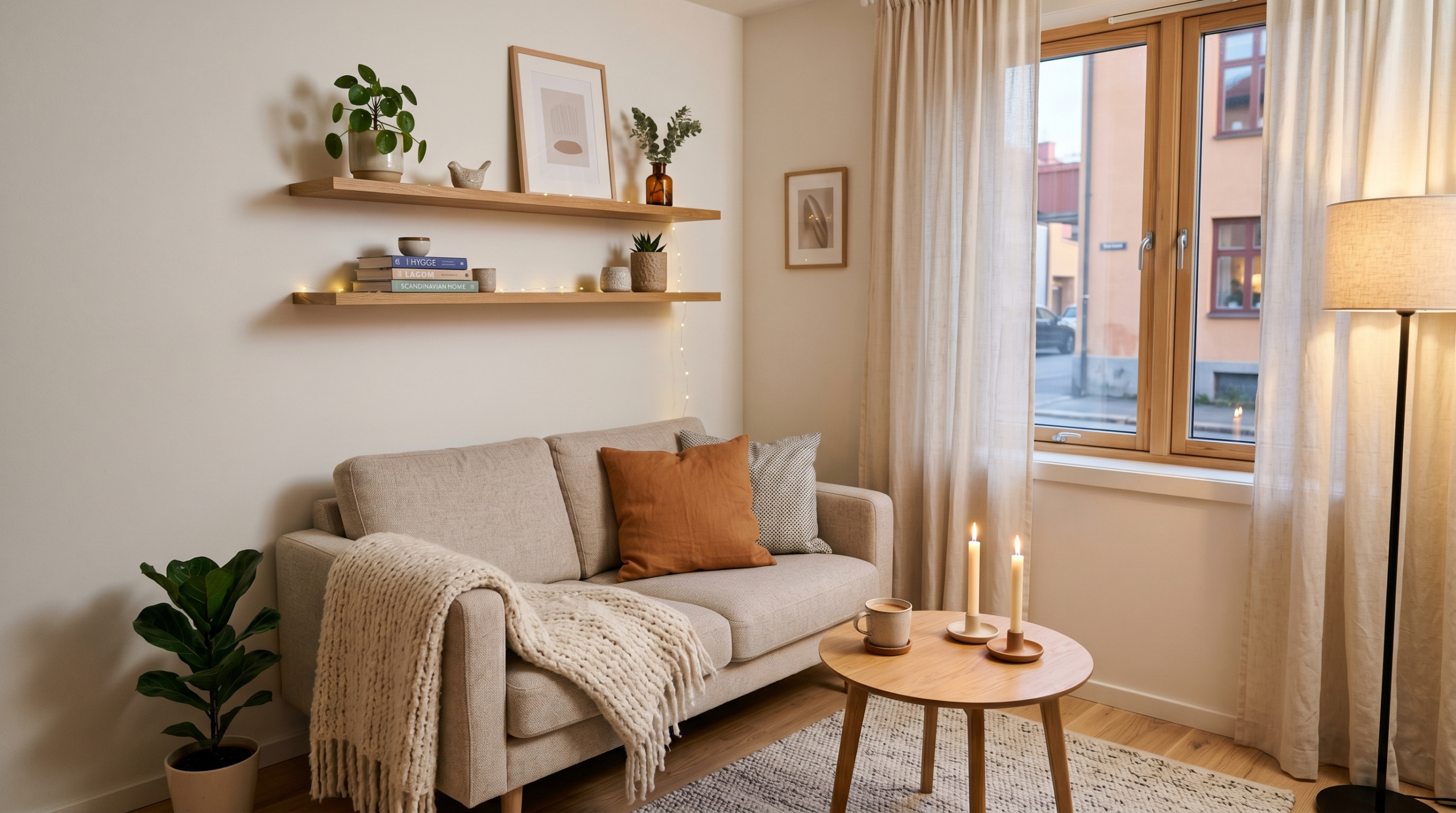 Cozy Scandinavian apartment living room corner with beige sofa, wooden shelves, warm lighting, and minimalist Nordic decor