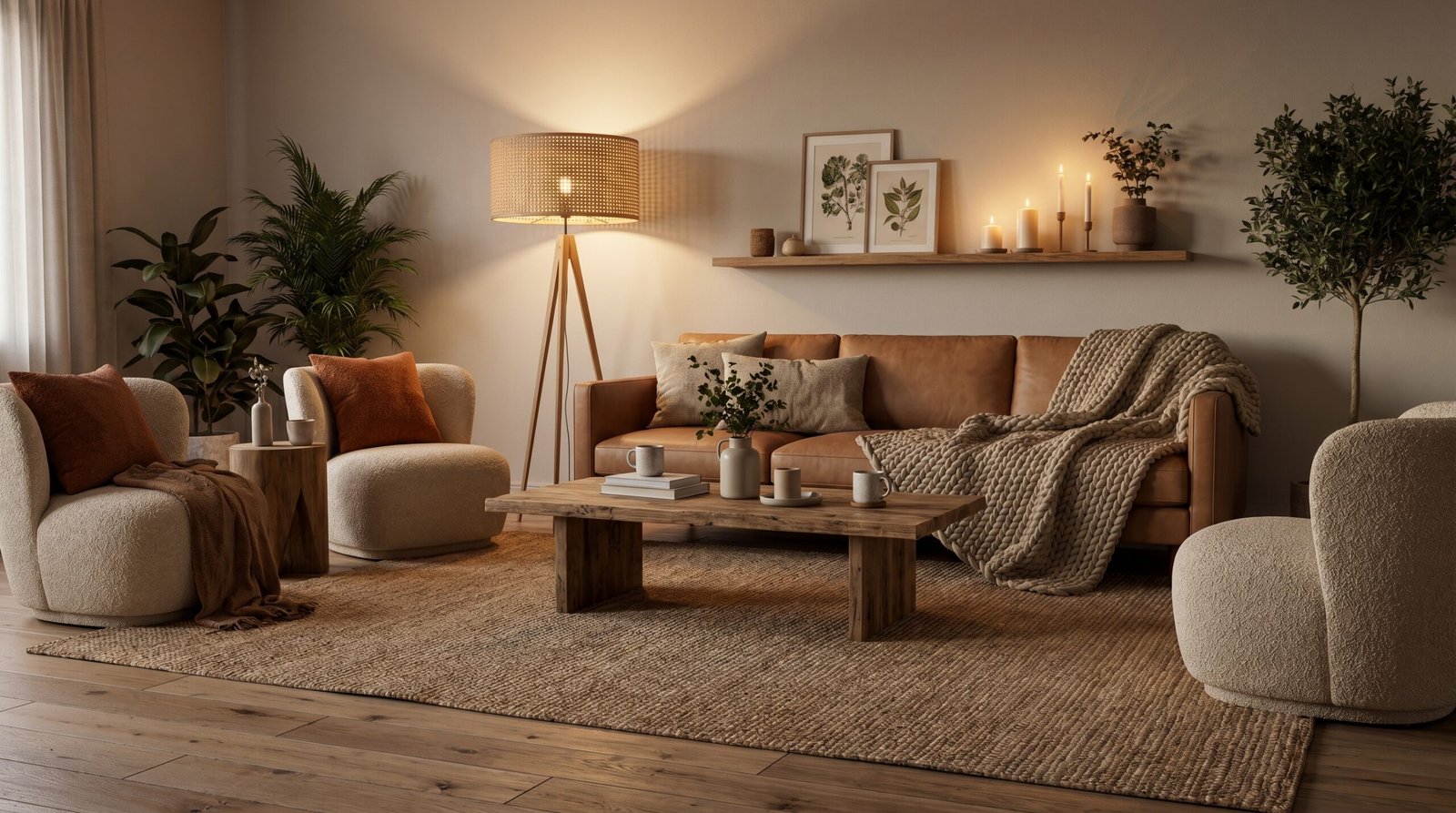 Cozy Earth Tone Living Room Ideas for Scandinavian Homes Warm earth tone Scandinavian living room with brown leather sofa, cozy lighting, boucle chairs, and natural wood furniture