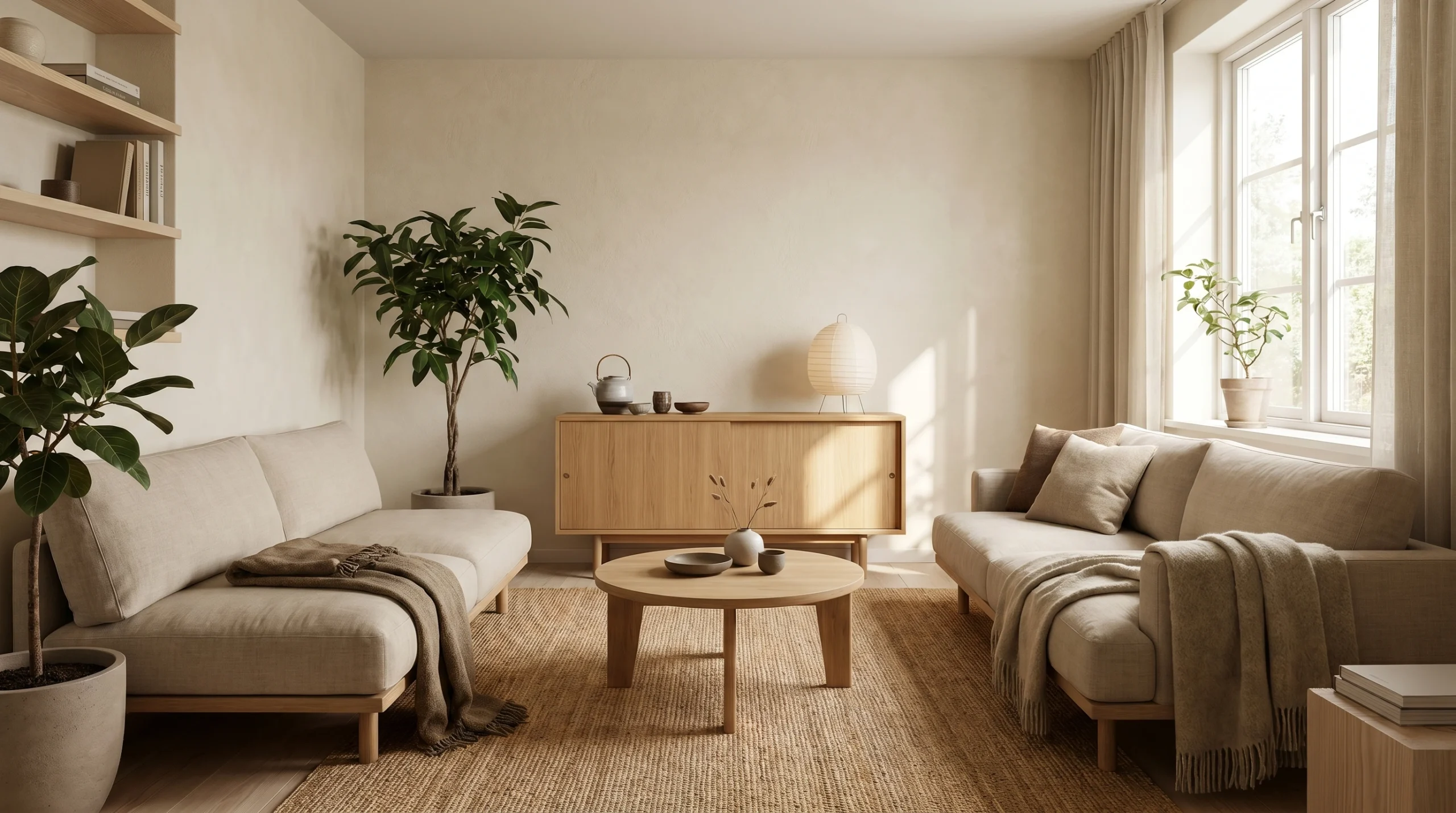 Japandi Scandinavian Living Room Design for Small Spaces Japandi Scandinavian living room with neutral tones, natural wood furniture, indoor plants, and minimalist decor