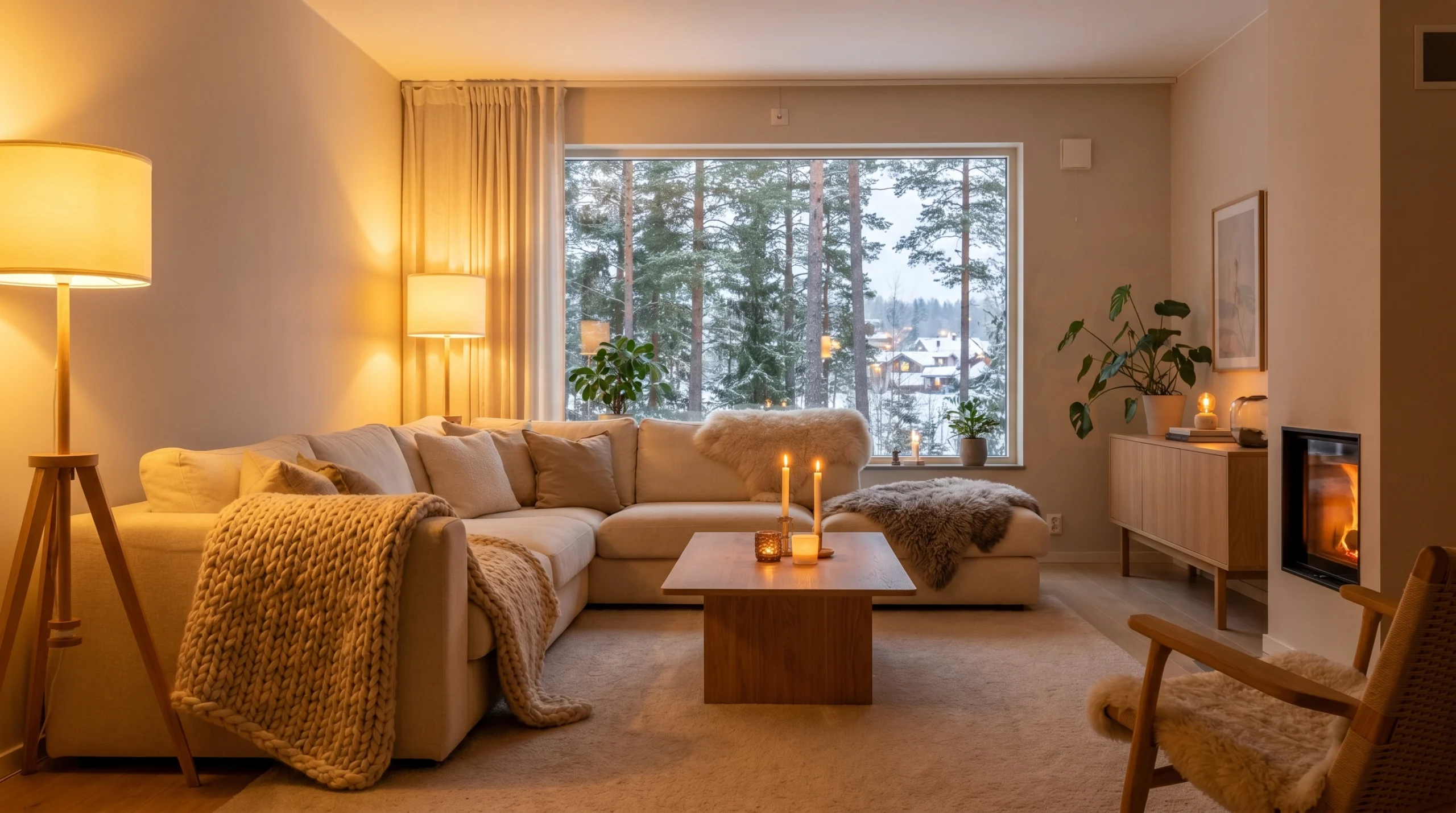 Winter Cozy Scandinavian Living Room Inspiration Cozy Scandinavian living room in winter with warm lighting, fireplace, soft blankets, and snowy forest views