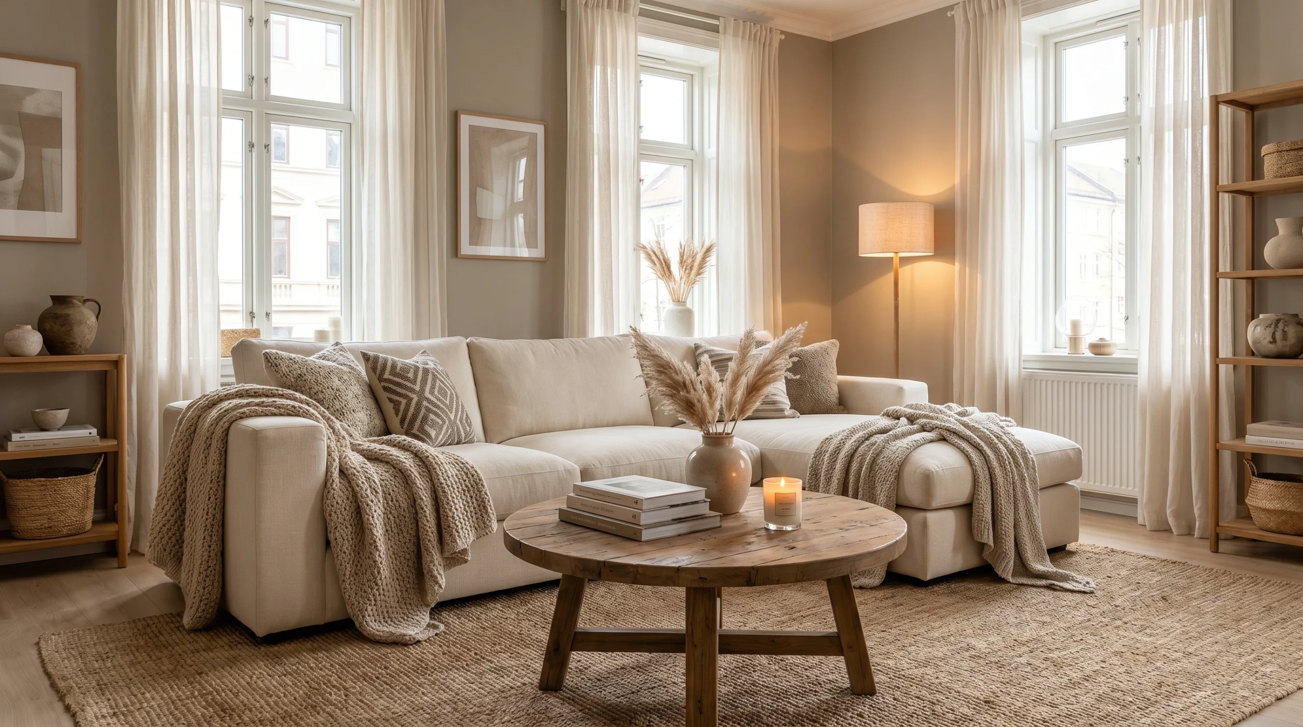Warm Beige Apartment Living Room With Soft Lighting and Cozy Textures Cozy beige apartment living room with soft lighting, cream sectional sofa, textured blankets, neutral decor, and warm ambient atmosphere