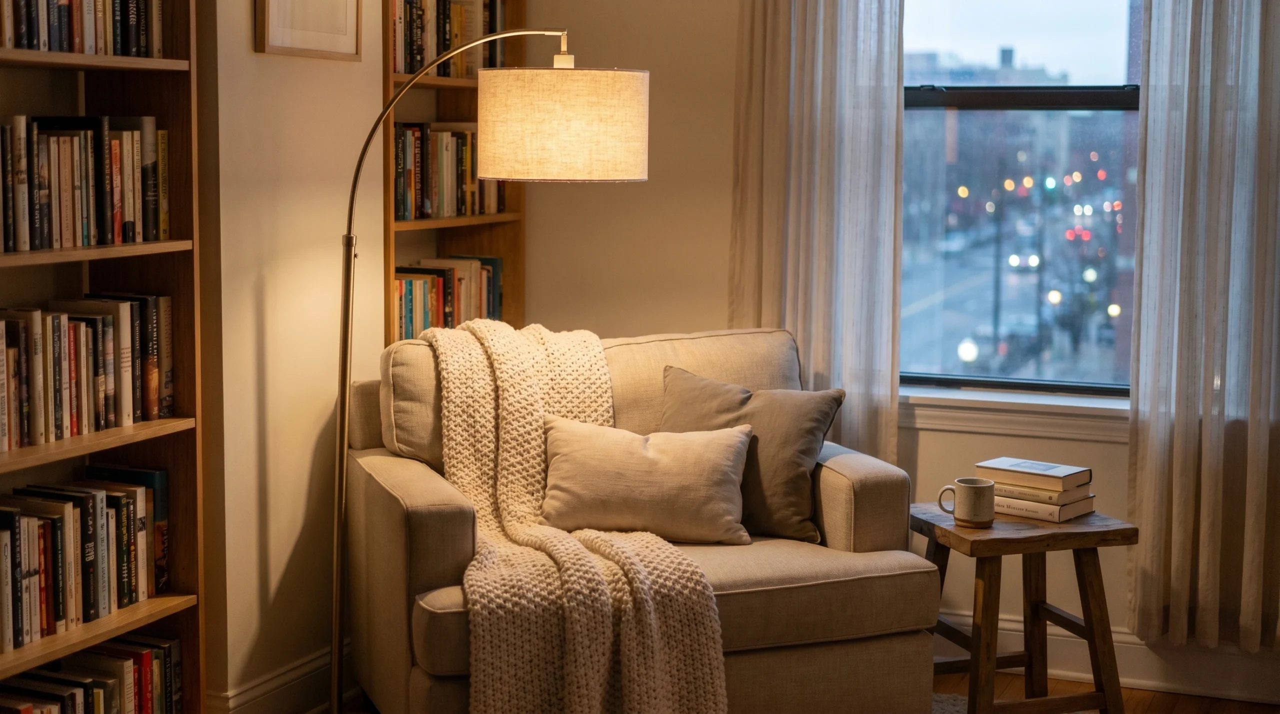 Cozy Apartment Reading Corner With Soft Evening Lighting Cozy apartment reading corner with soft lighting, comfortable armchair, bookshelves, warm lamp, and city view through the window