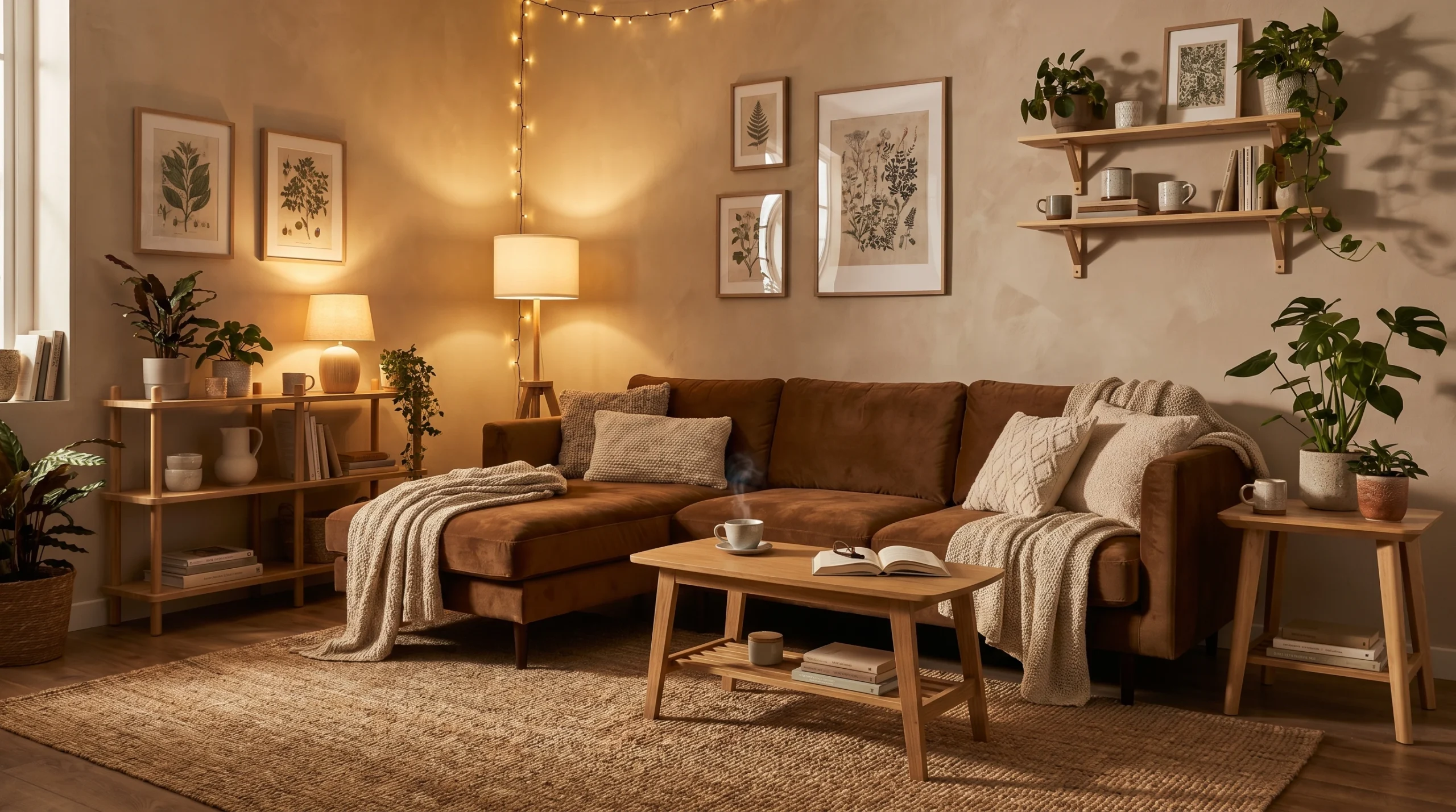 Warm Apartment Living Room with Layered Lighting and Cozy Decor Cozy apartment living room with brown sofa, warm layered lighting, botanical wall art, indoor plants, and soft textured blankets creating a relaxing atmosphere