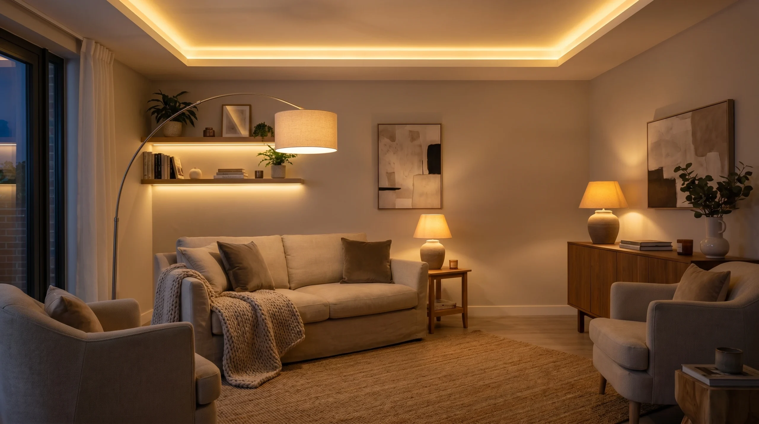 Modern Apartment Living Room With Layered Warm Ambient Lighting Modern apartment living room with warm ambient lighting, LED cove ceiling lights, neutral sofa, cozy armchairs, and wooden furniture