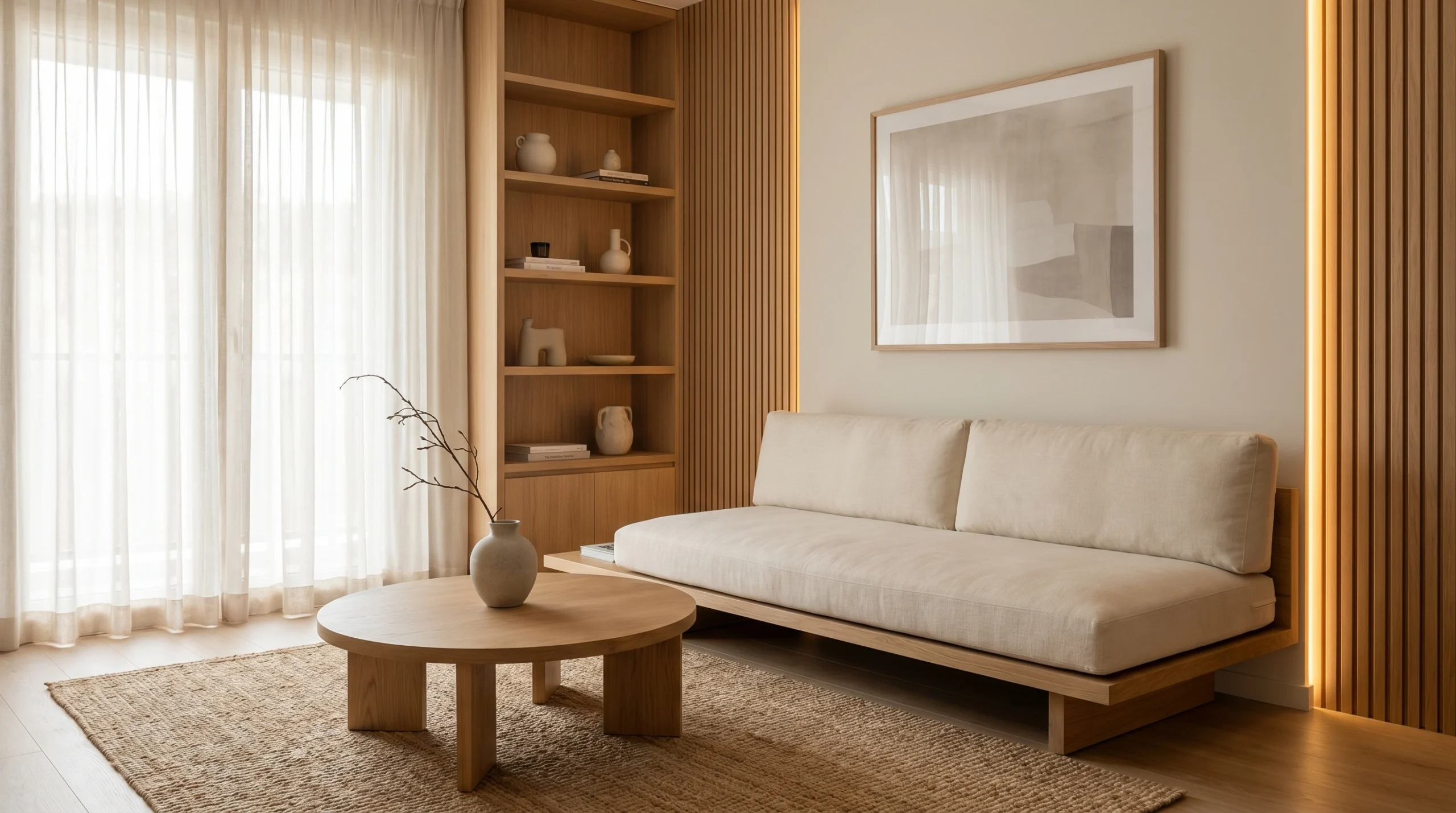 Japandi Apartment Living Room with Soft Neutral Colors and Warm Lighting Minimalist Japandi apartment living room featuring a cream sofa, natural wood furniture, soft neutral colors, warm indirect lighting, and a cozy modern atmosphere