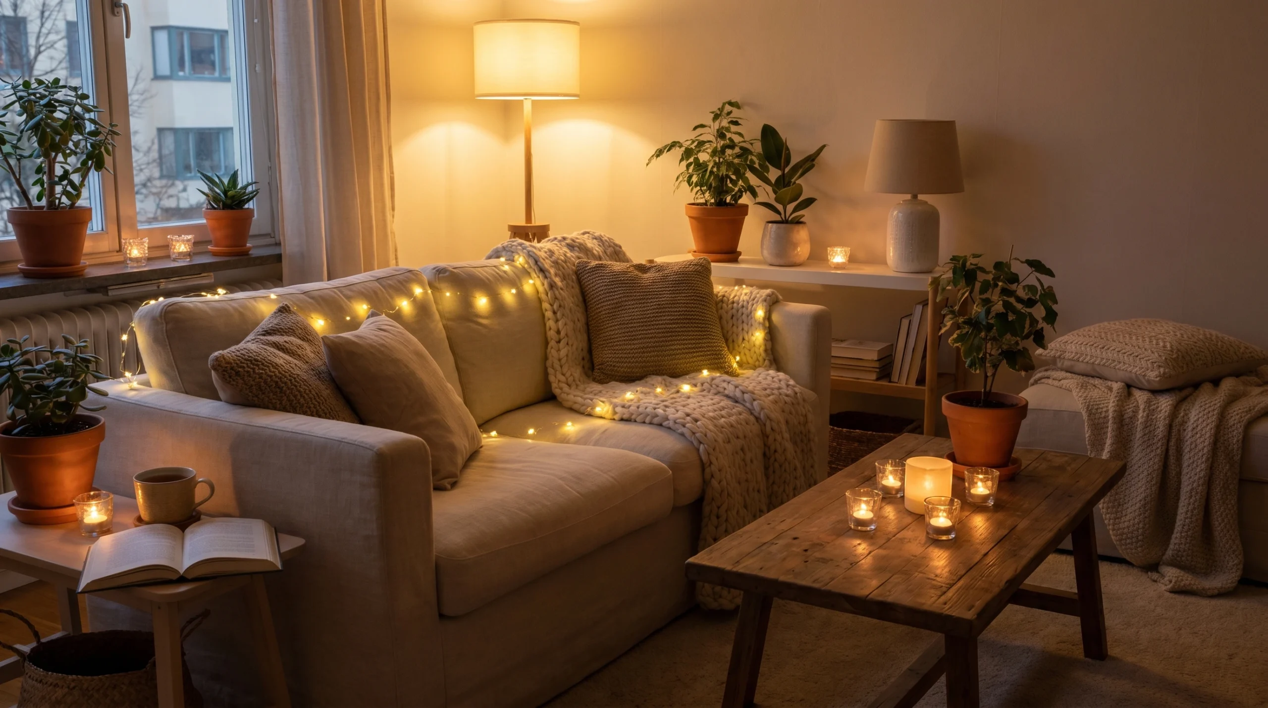 Candlelit Apartment Living Room with Warm Ambient Lighting and Cozy Decor Cozy apartment living room with candlelight, warm ambient lighting, cream sofa, knitted blankets, indoor plants, and a relaxing hygge-inspired atmosphere.