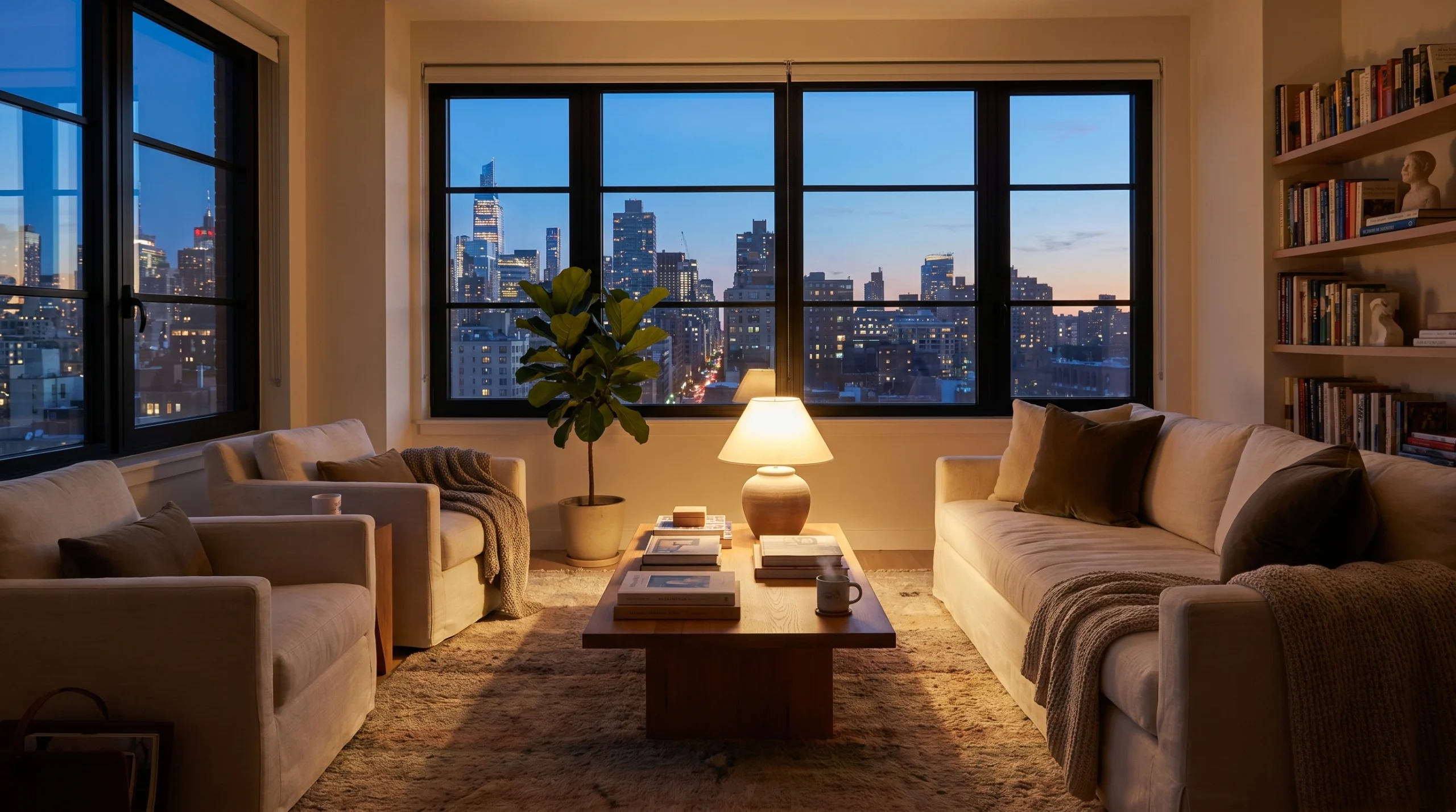 Cozy Urban Apartment Living Room with City Skyline Views at Dusk Cozy urban apartment living room with neutral furniture, warm table lamp, large windows overlooking a city skyline at dusk, and soft textured décor.