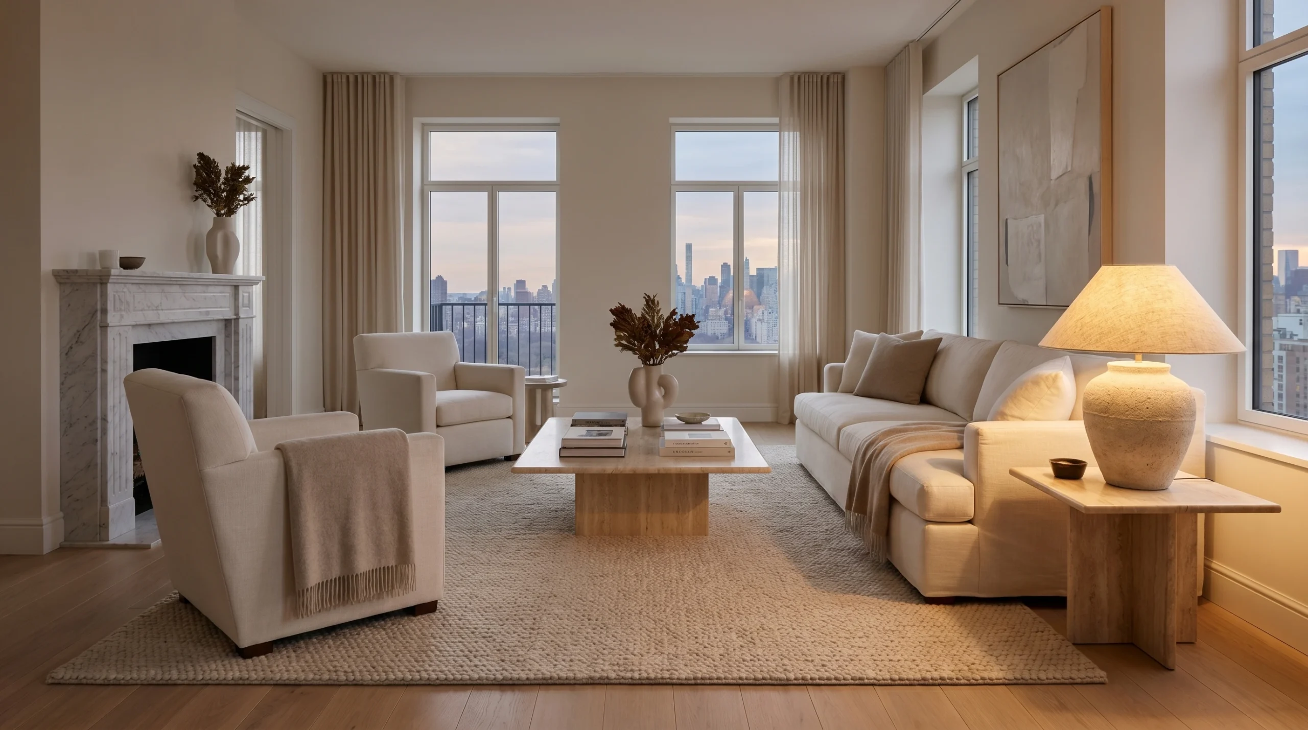 Neutral Luxury Apartment Living Room with Elegant Warm Lighting Luxury apartment living room with neutral tones, cream sofa, elegant armchairs, warm table lamp, large windows, and sophisticated minimalist decor.