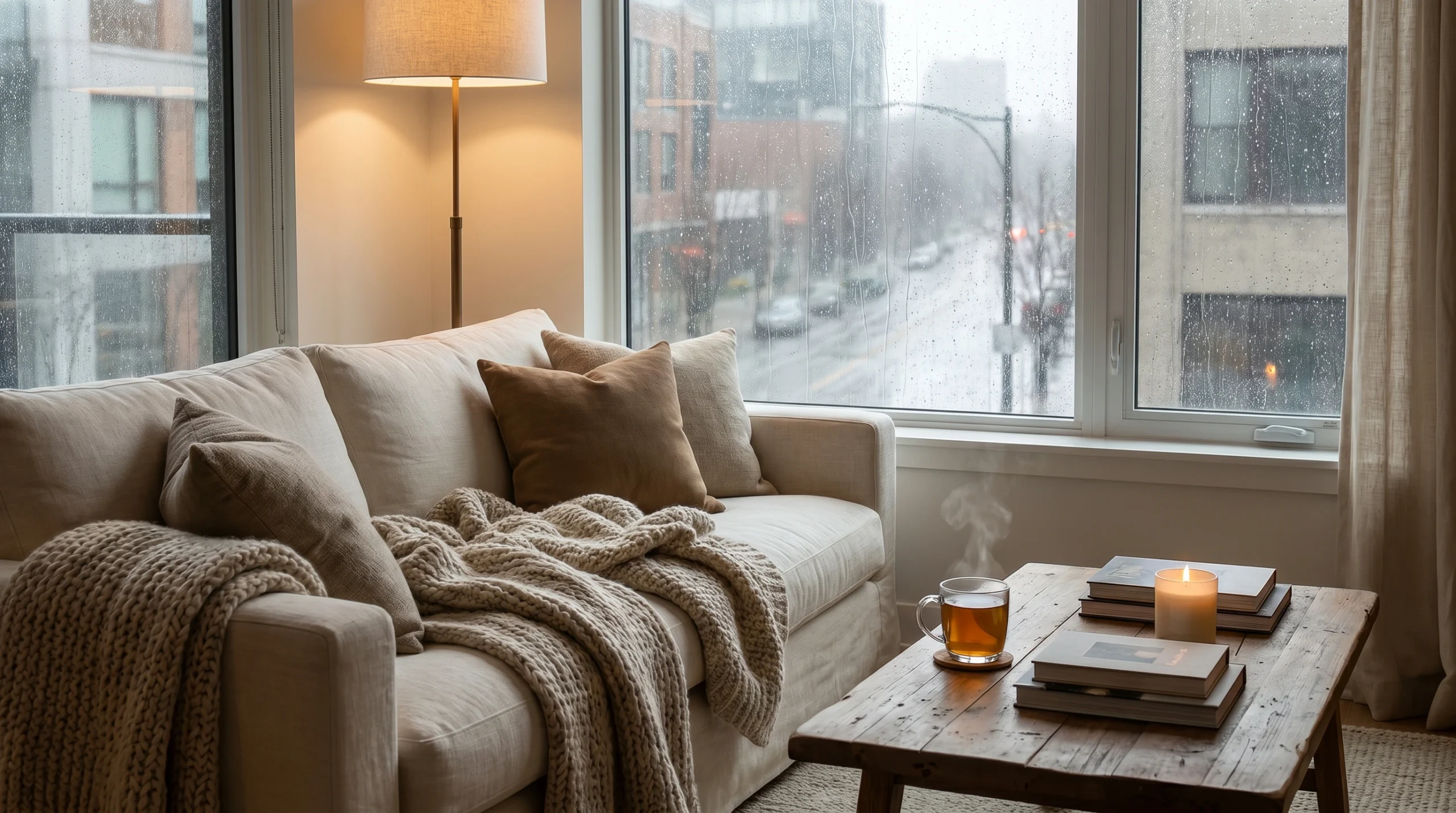 Cozy Apartment Living Room on a Rainy Day with Warm Lighting